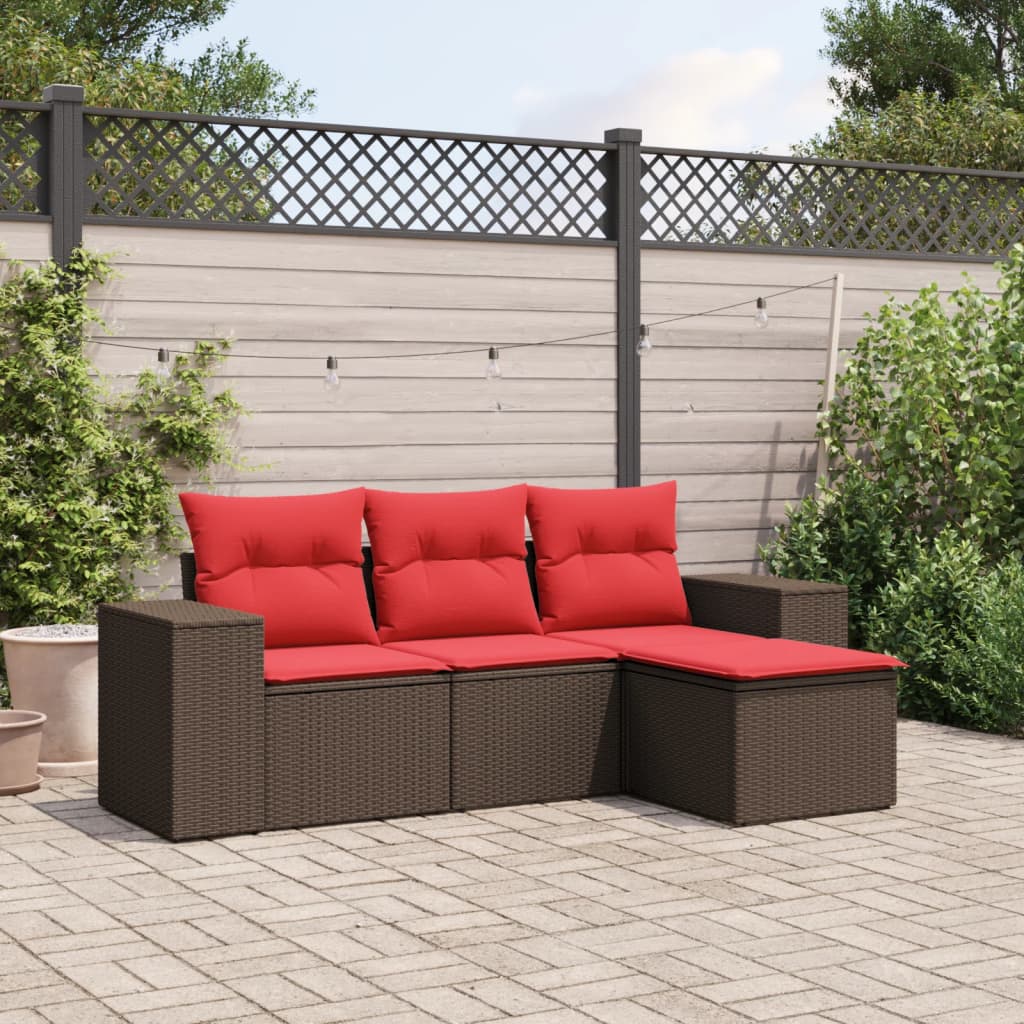 4-teiliges Gartensofa-Set mit Kissen, schwarzes Polyrattan