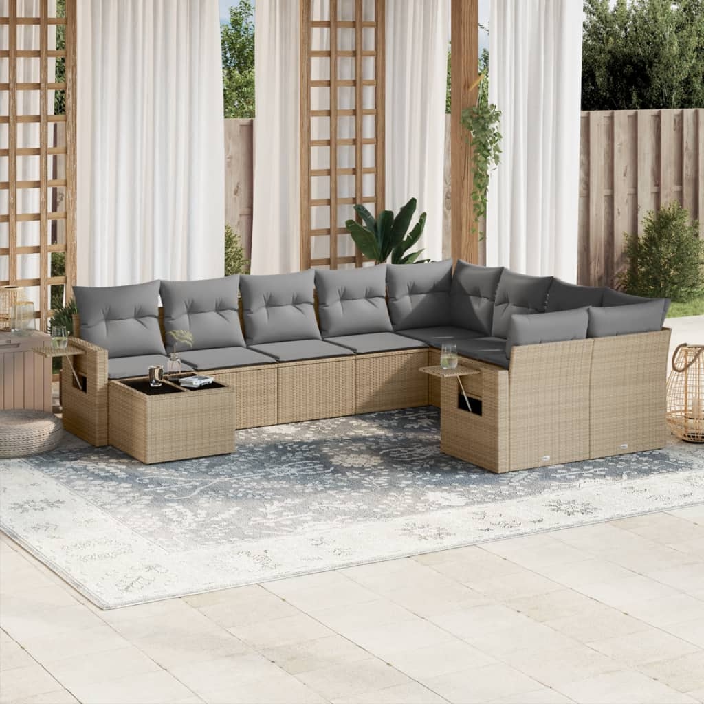 10-tlg. Garten-Sofagarnitur mit Kissen Schwarz Poly Rattan