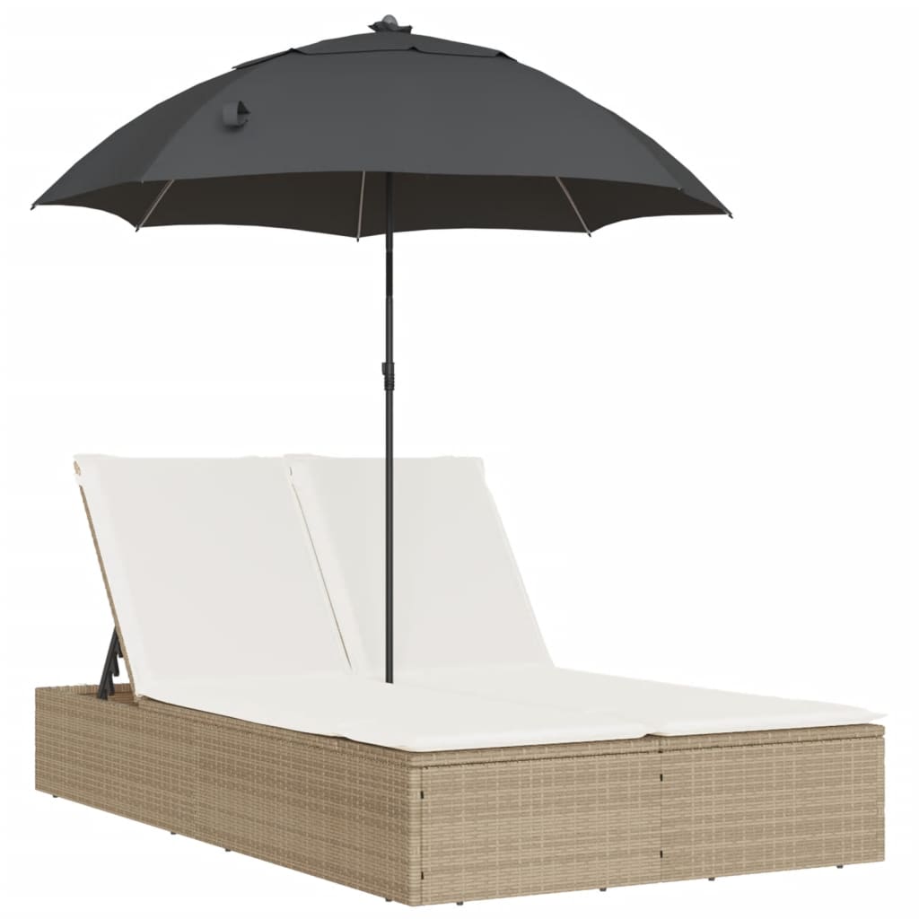 Doppel-Sonnenliege mit Kissen&Sonnenschirm Schwarz Poly Rattan
