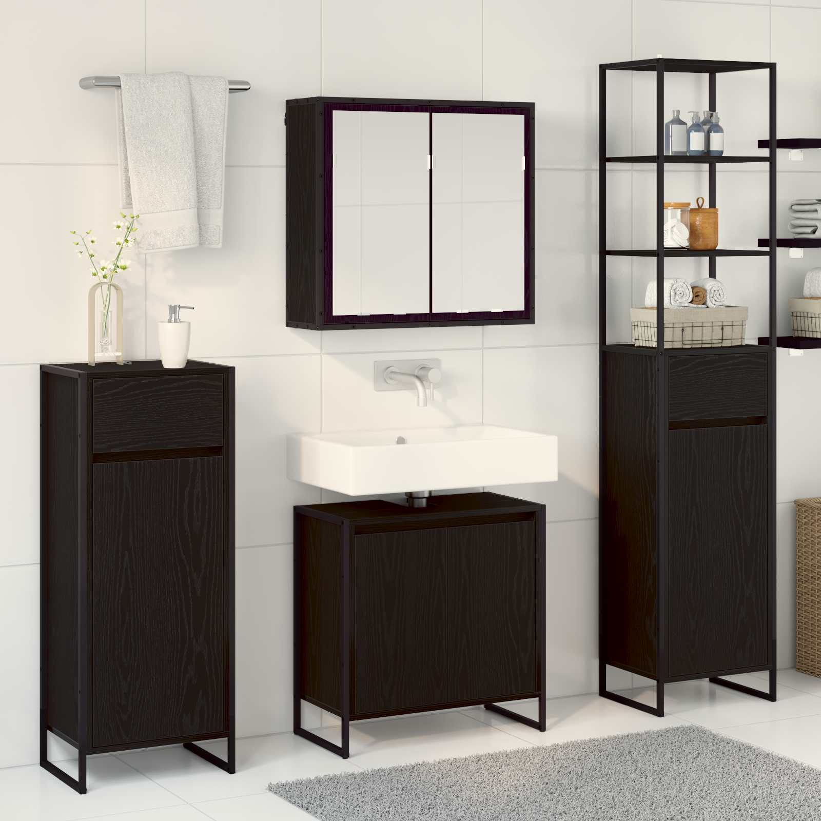 Badezimmermöbel-Set mit Tür Schwarz Eichen-Optik Holzwerkstoff