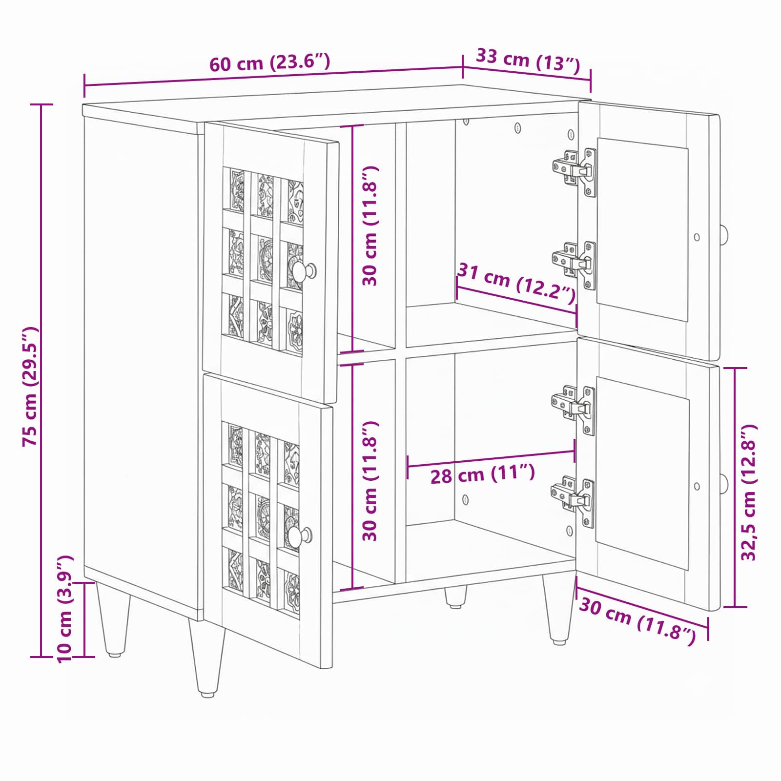 Sideboard mit Speicher Walnuss 60 x 33 x 75 cm Massivholz Mango