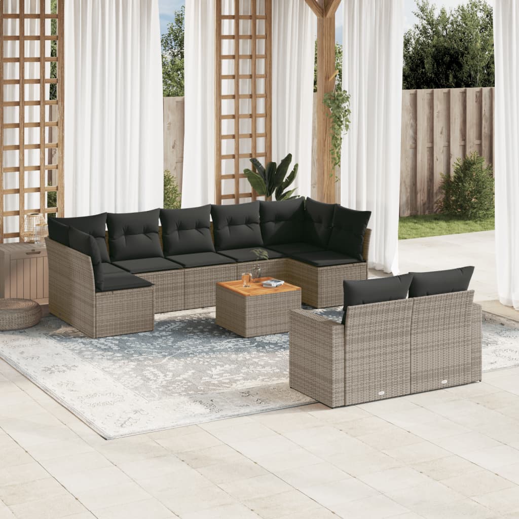 10-tlg. Garten-Sofagarnitur mit Kissen Schwarz Poly Rattan
