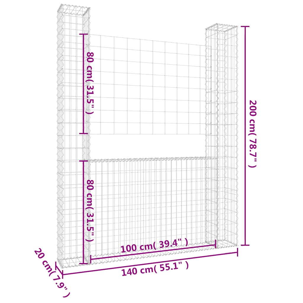 Gabionenkorb U-Form mit 2 Säulen Eisen 140x20x150 cm