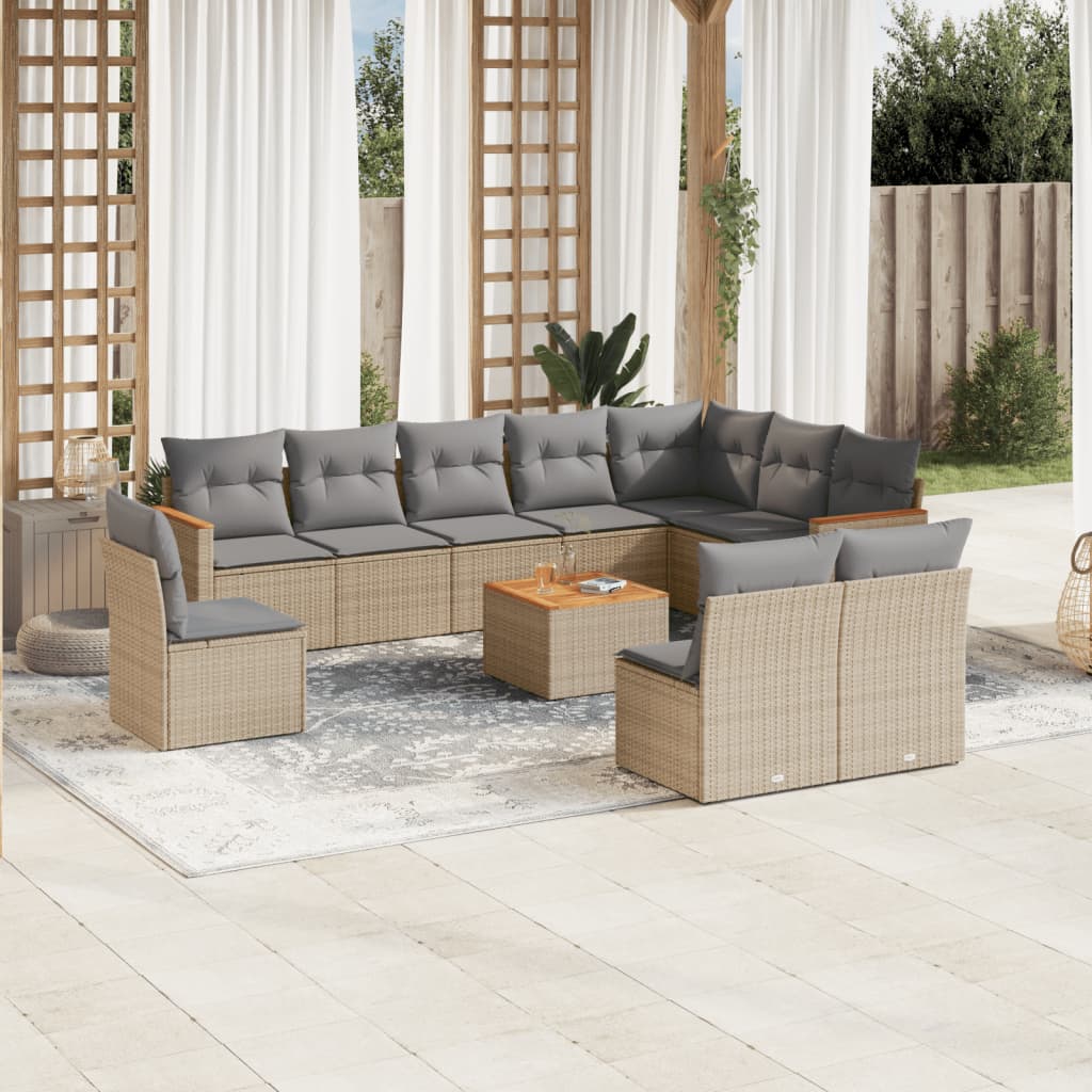 10-tlg. Garten-Sofagarnitur mit Kissen Schwarz Poly Rattan