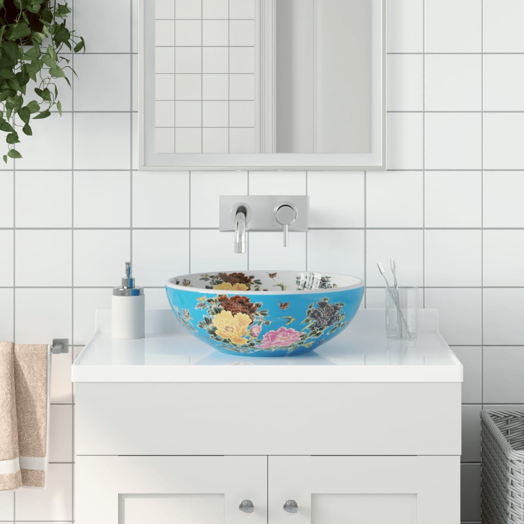 Aufsatzwaschbecken Weiß und Blau Rund Ø41x14 cm Keramik
