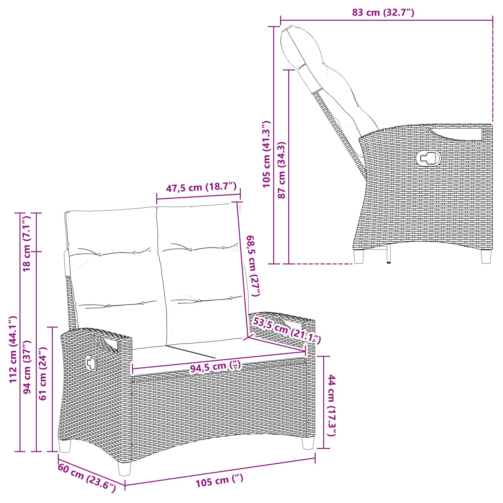 Gartenbank Schwarz 105 x 60 x 112 cm Stahl und Polyester