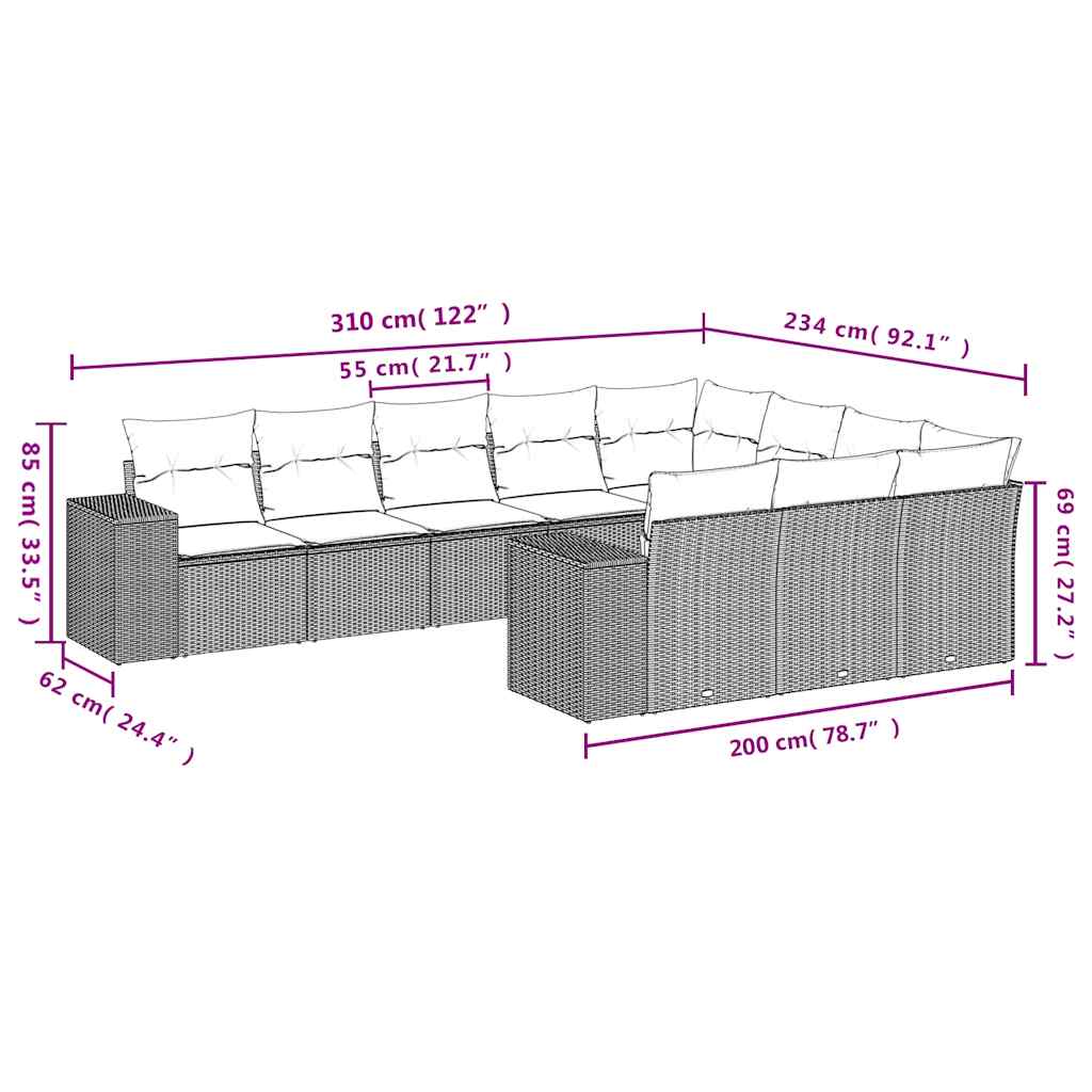 10-teiliges Gartensofa-Set mit Kissen, schwarzes Polyrattan