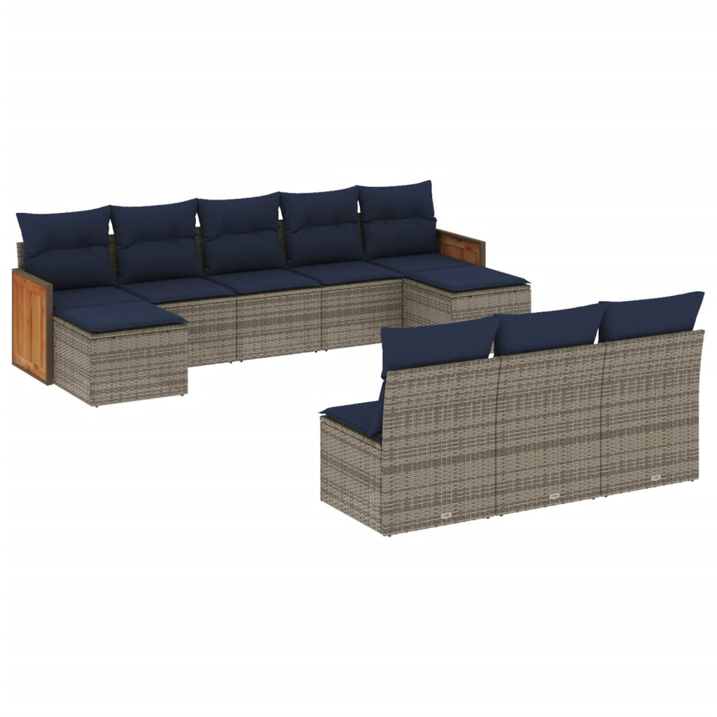 10-teiliges Gartensofa-Set mit Kissen, schwarzes Polyrattan