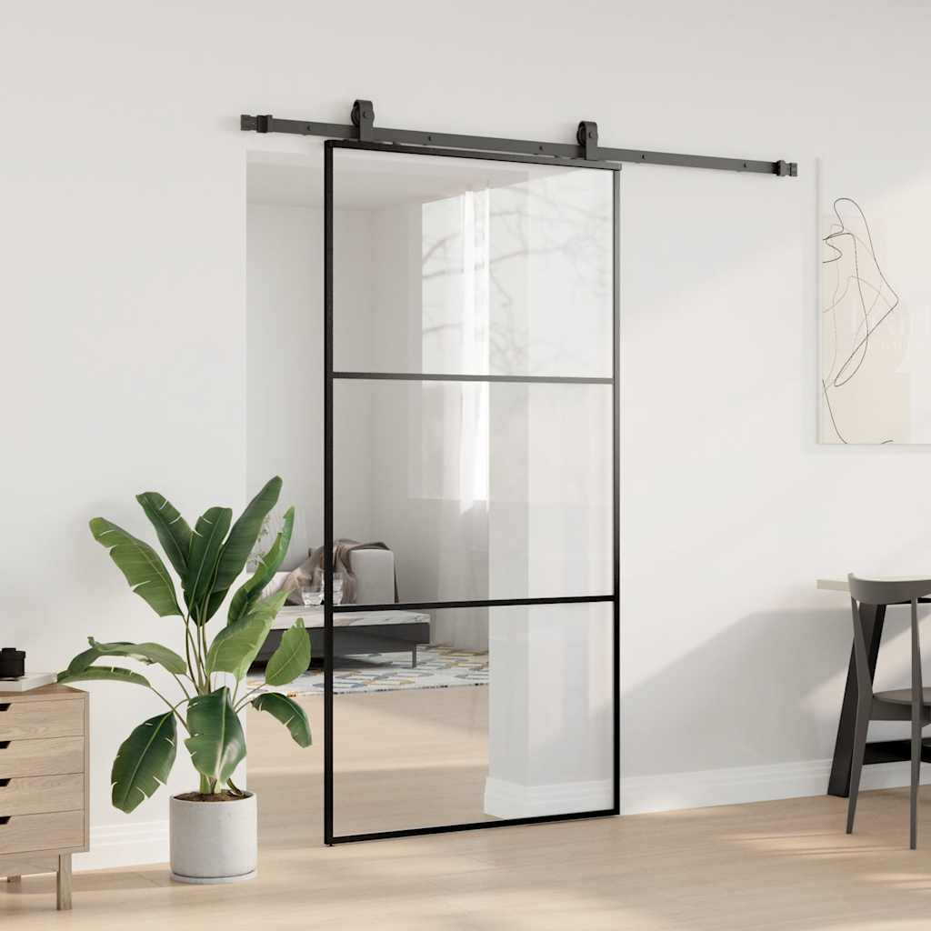 Schiebetür mit Beschlag Schwarz 76x205 cm ESG-Glas