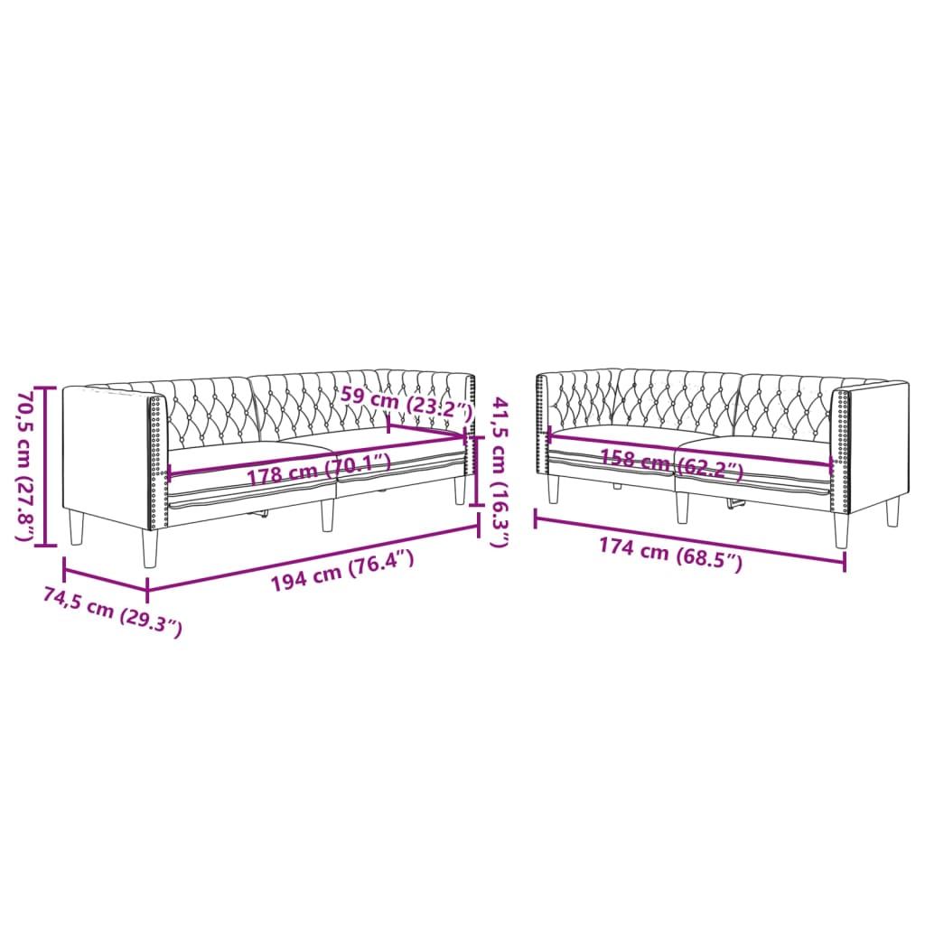 3-tlg. Chesterfield-Sofa-Set Schwarz Kunstleder