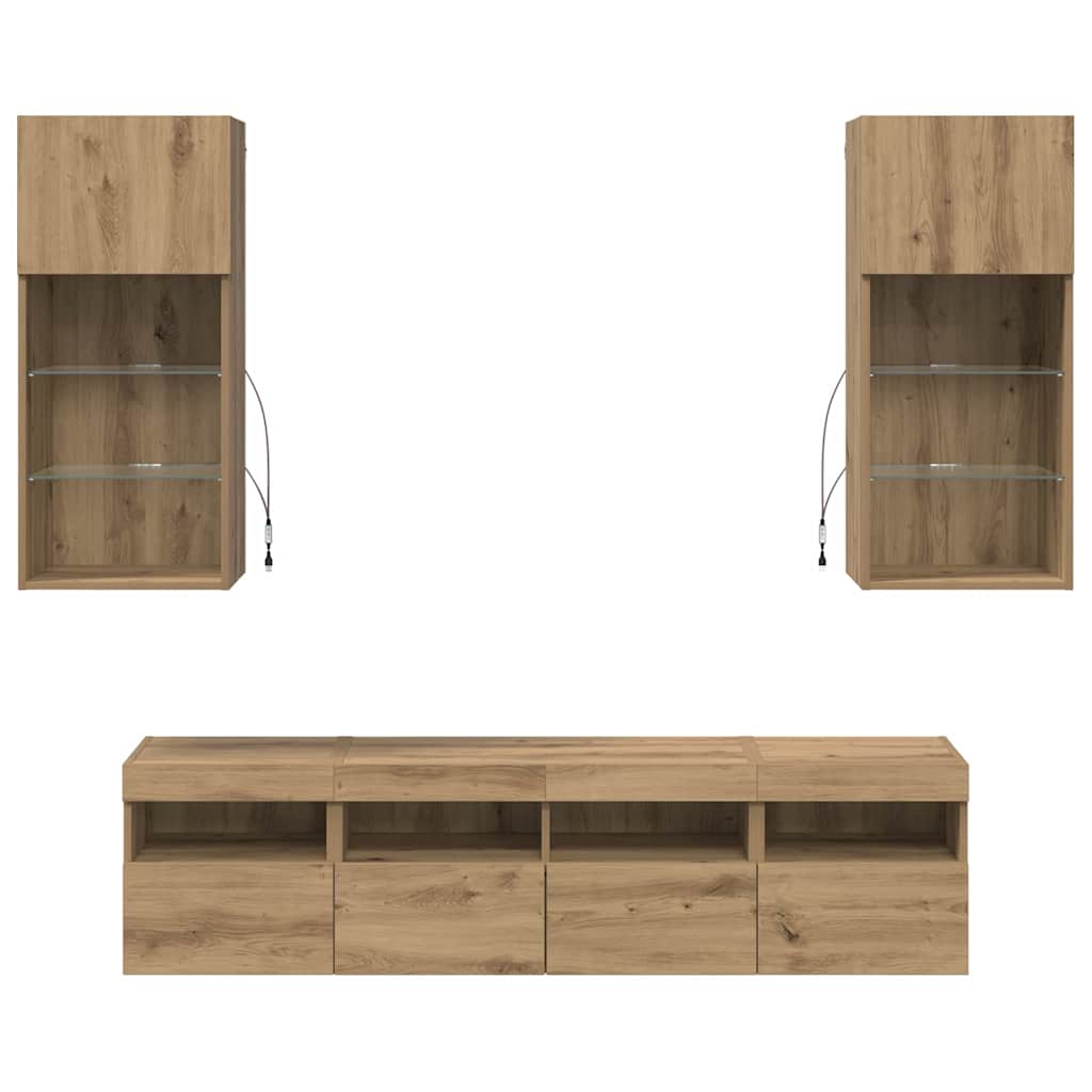 5-tlg. Wohnwand mit LED-Beleuchtung Weiß Holzwerkstoff