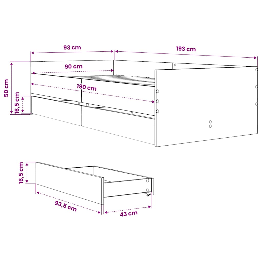 Bett mit Schubladen Braun Eiche-Optik 75x190 cm