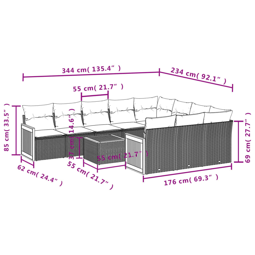 10-teiliges Gartensofa-Set mit Kissen, schwarzes Polyrattan