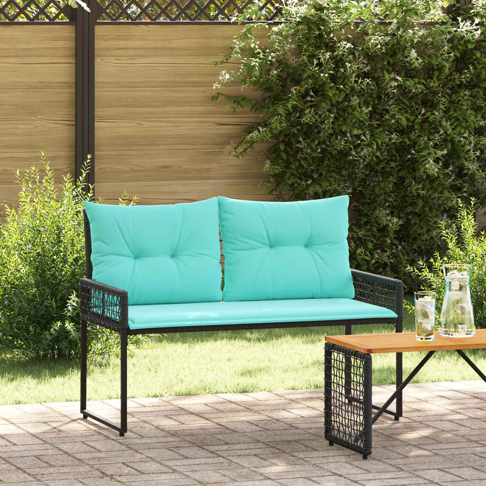 Bank Outdoor mit Kissen Schwarz und Cremeweiß 118 x 55 x 82 cm