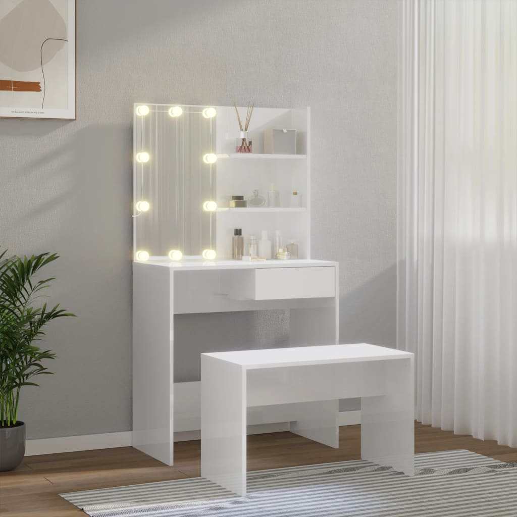 Schminktisch-Set mit LED Weiß Holzwerkstoff
