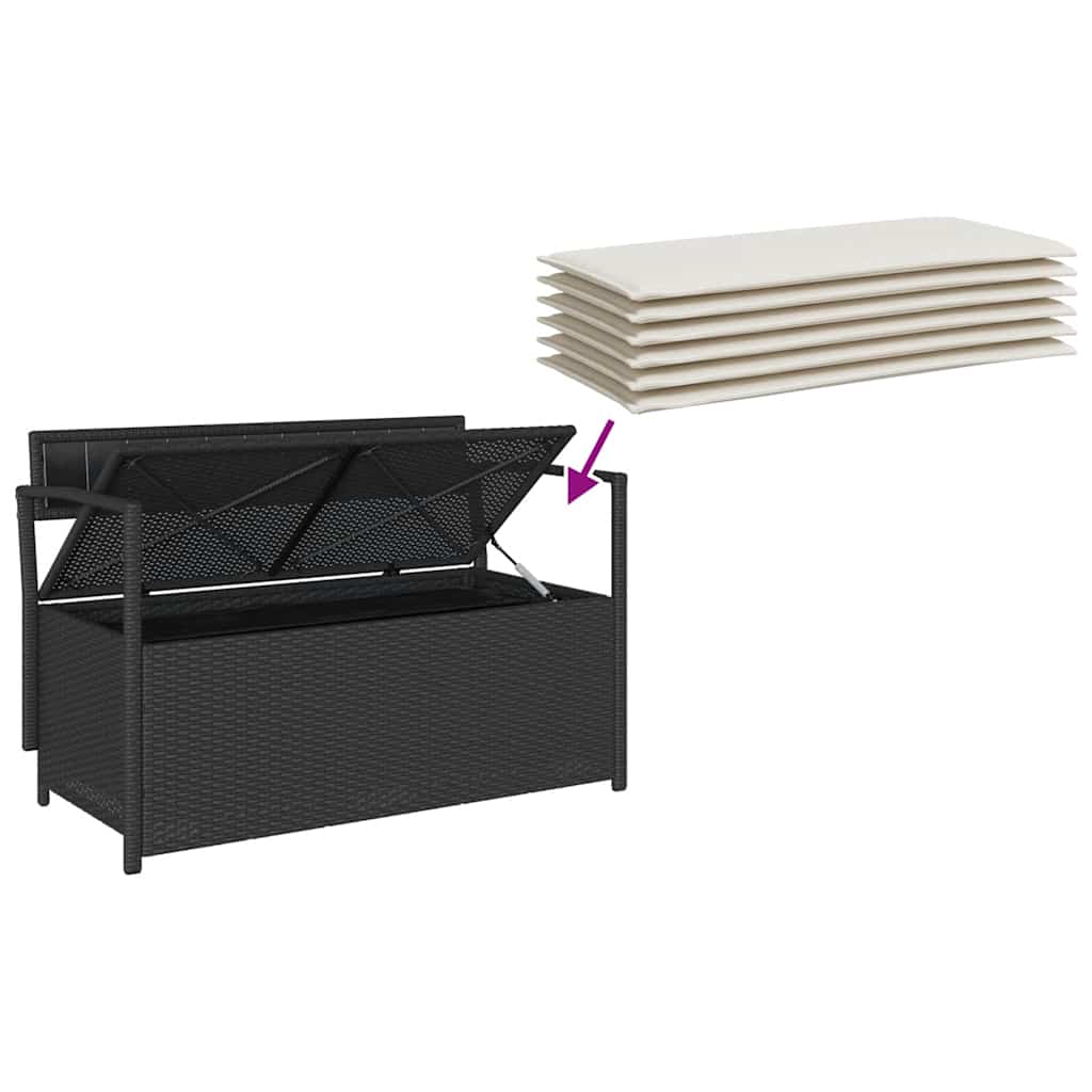Gartenbank mit Stauraum und Kissen Schwarz Poly Rattan