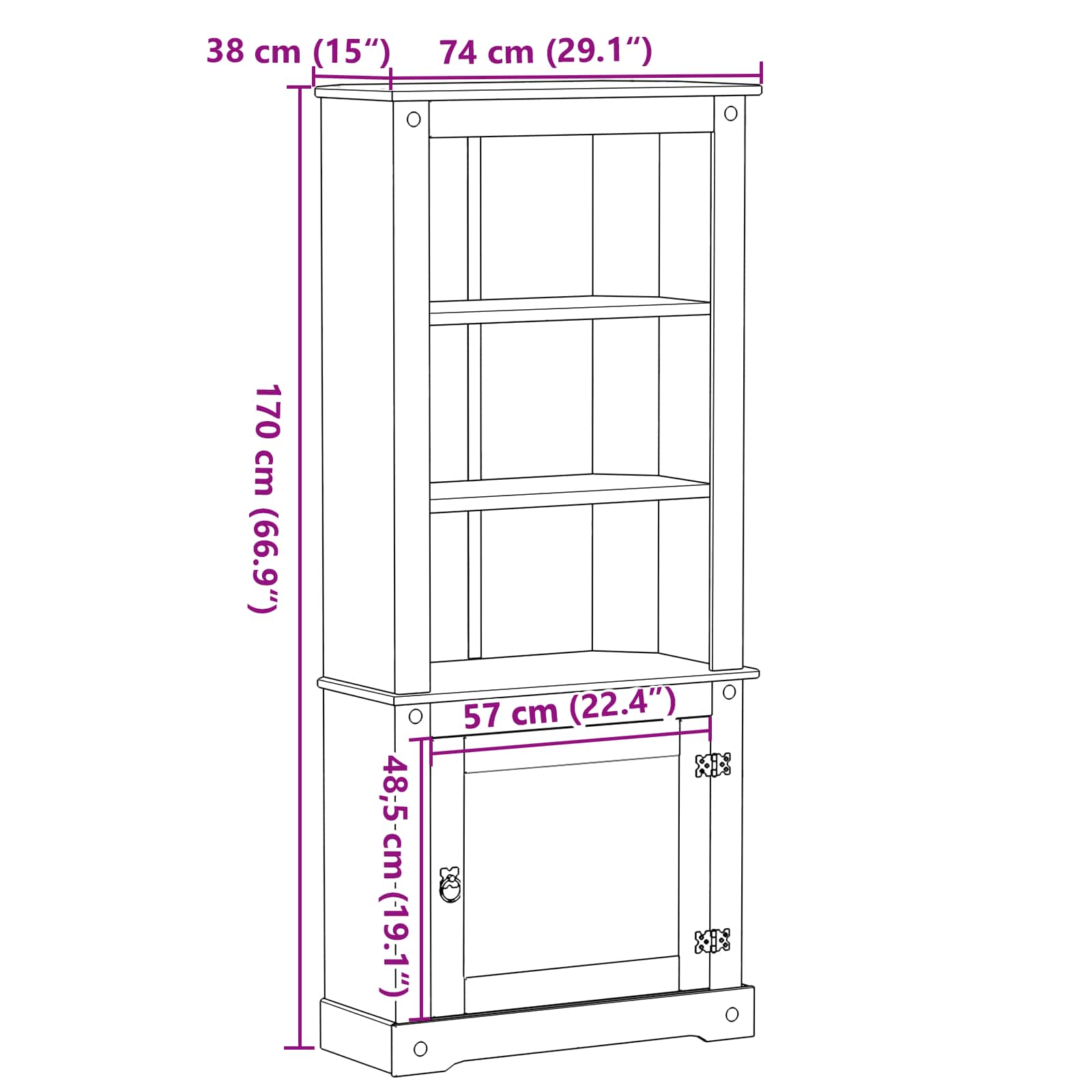 Highboard Corona 74x38x170 cm Massivholz Kiefer