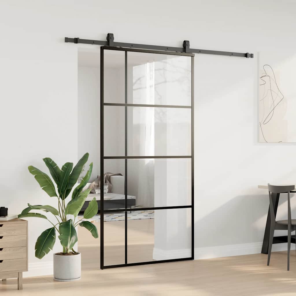 Schiebetür mit Beschlag Schwarz 76x205 cm ESG-Glas