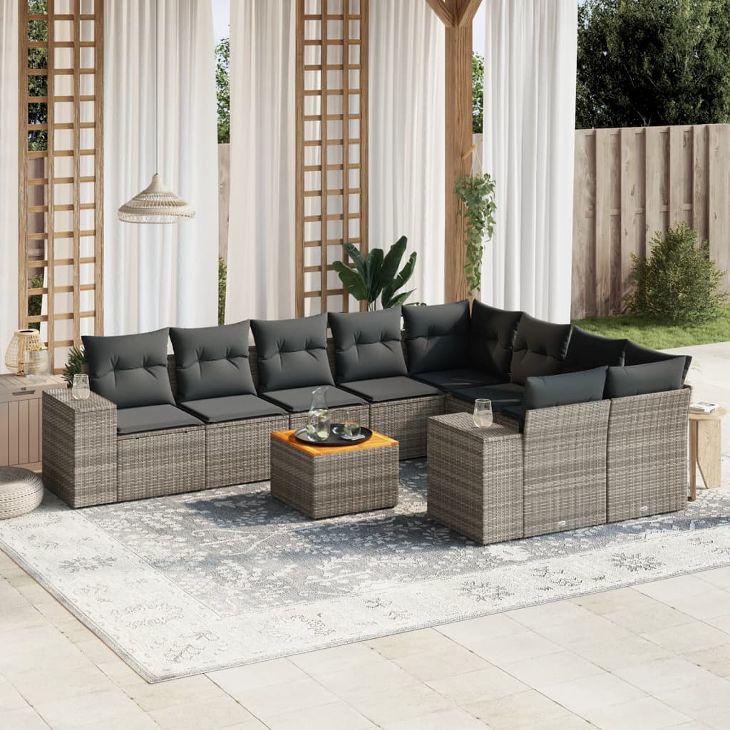 10-tlg. Garten-Sofagarnitur mit Kissen Schwarz Poly Rattan