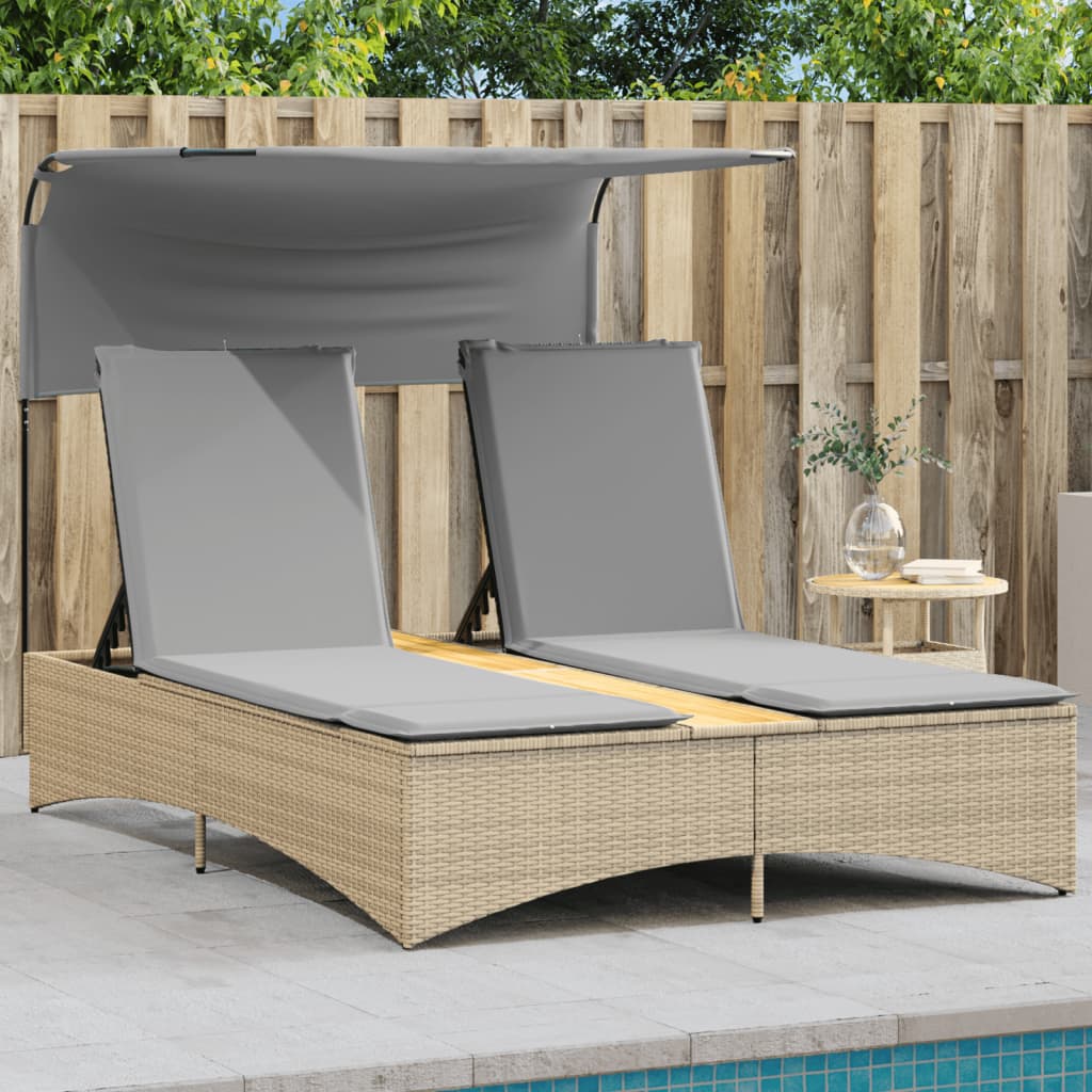 Doppel-Sonnenliege mit Dach und Auflagen Schwarz Poly Rattan