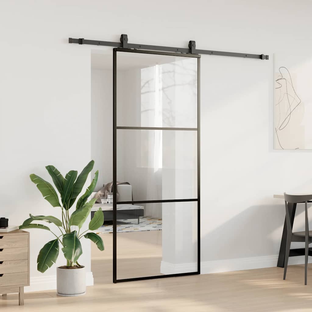 Schiebetür mit Beschlag Schwarz 76x205 cm ESG-Glas