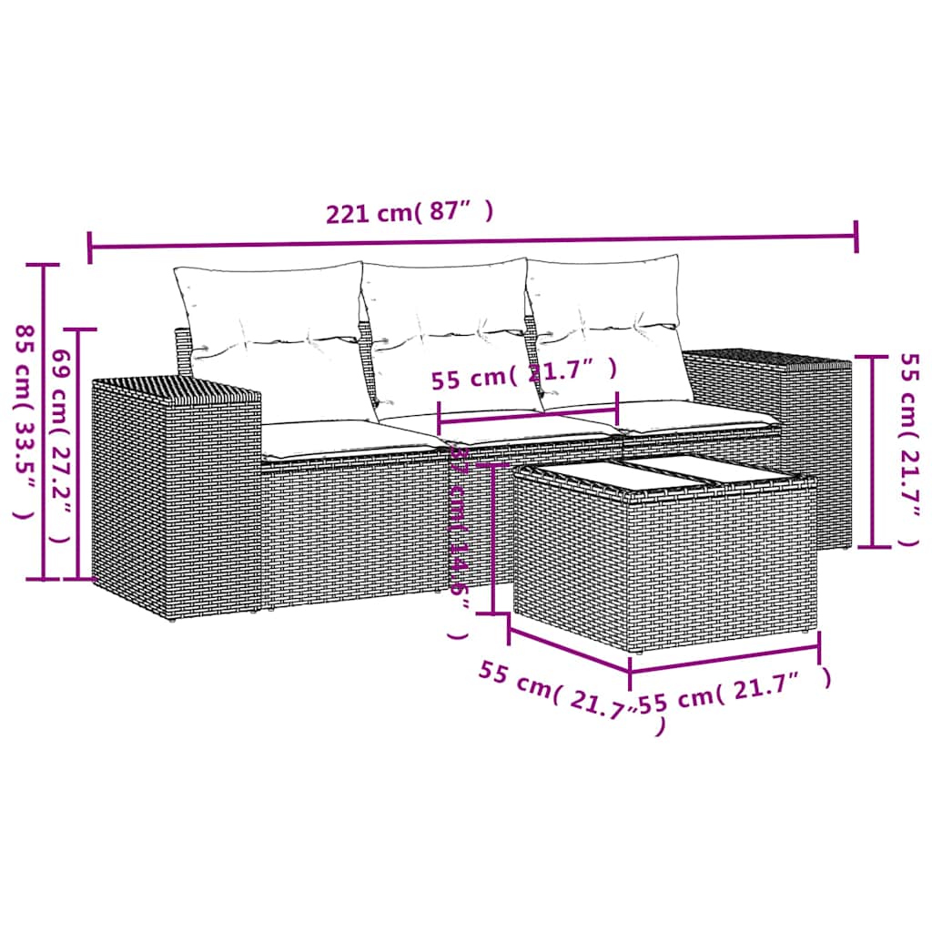 3-tlg. Garten-Sofagarnitur mit Kissen Schwarz Poly Rattan