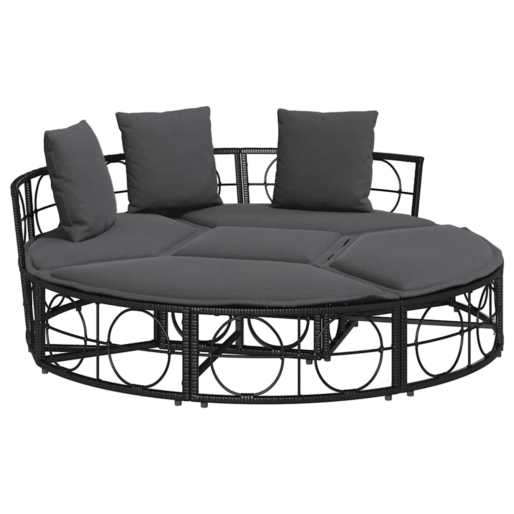 Outdoor-Loungebett mit Dach und Kissen Schwarz Poly Rattan