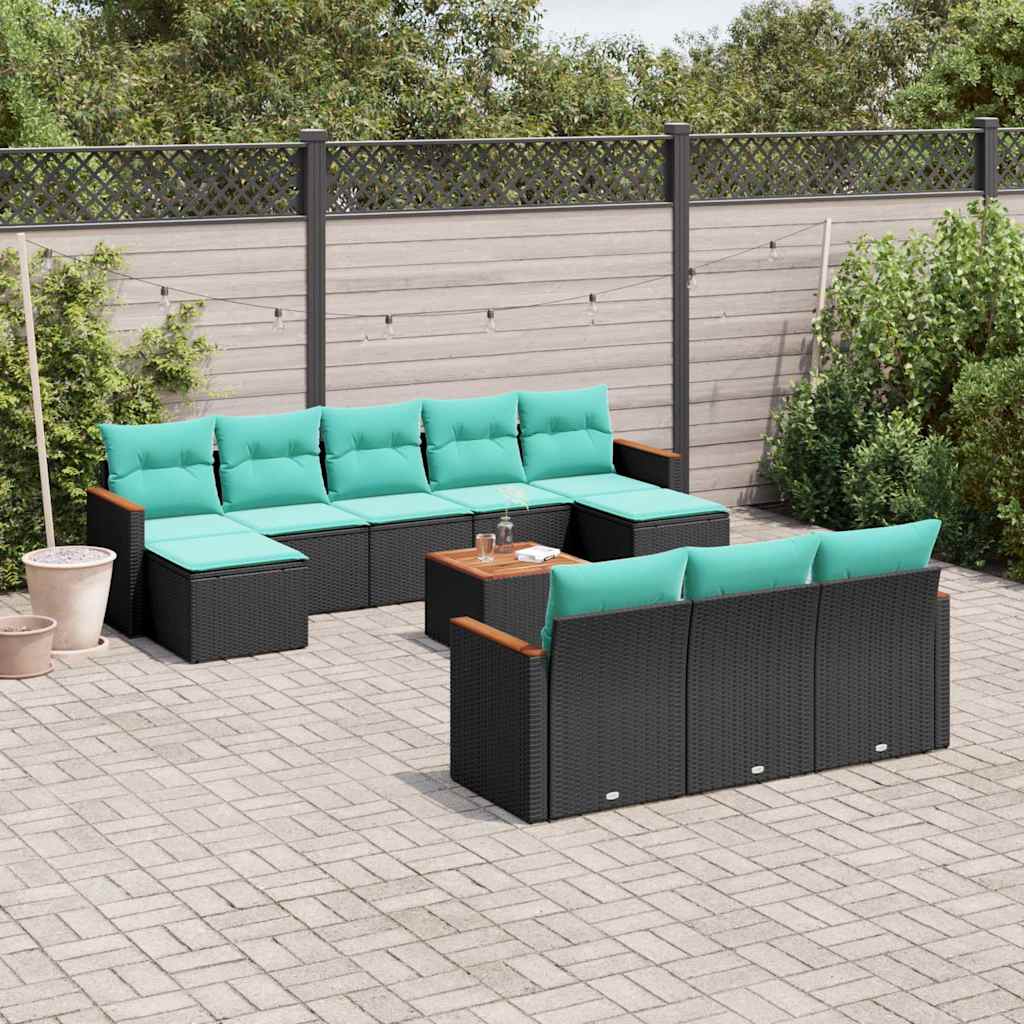 10-teiliges Gartensofa-Set mit Kissen, schwarzes Polyrattan