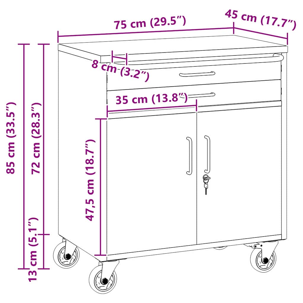 Trolley Rolling Workbench Schwarz und Grau 75 x 45 x 85 cm