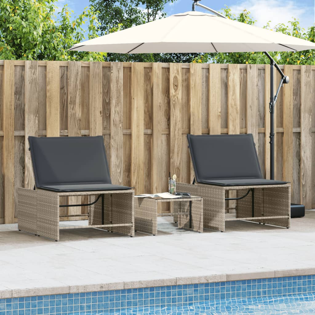 Modulare Sonnenliegen 2 Stk. mit Tisch Schwarz Poly Rattan