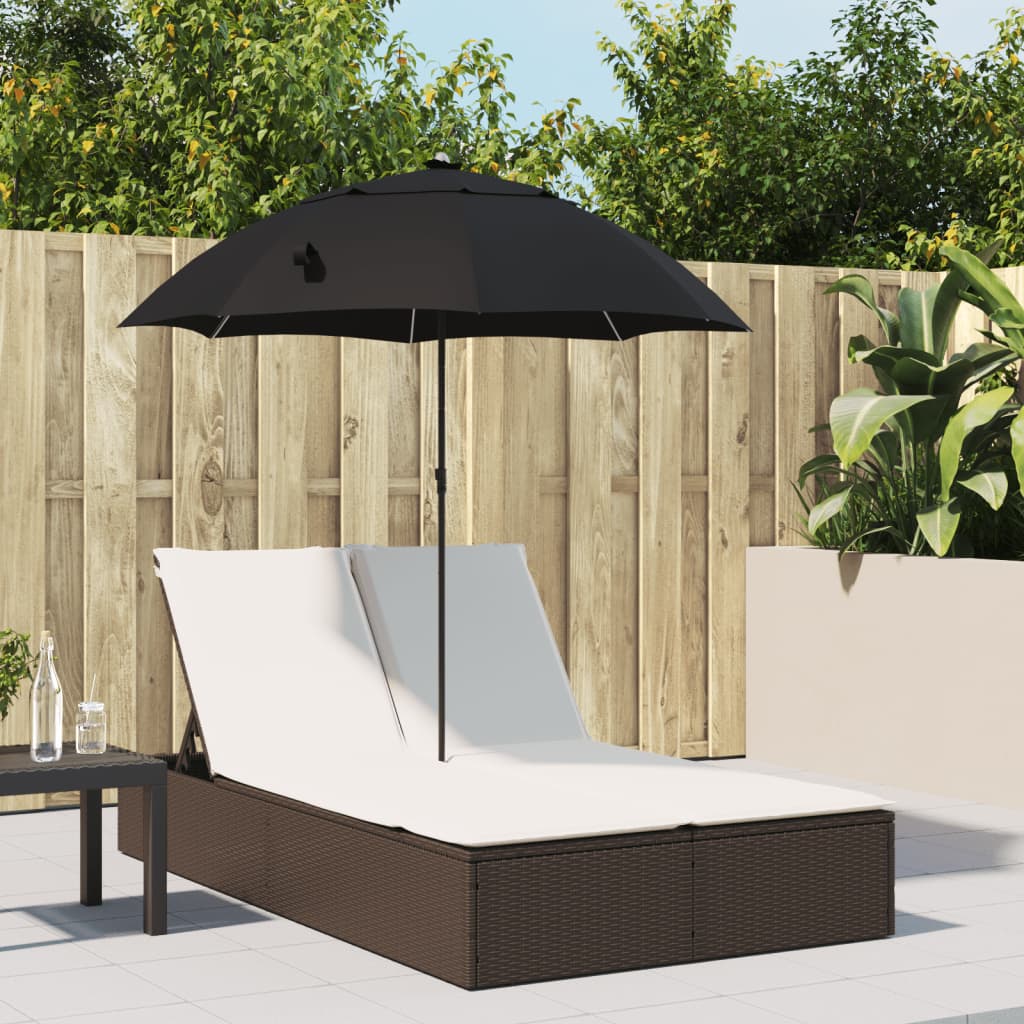 Doppel-Sonnenliege mit Kissen&Sonnenschirm Schwarz Poly Rattan
