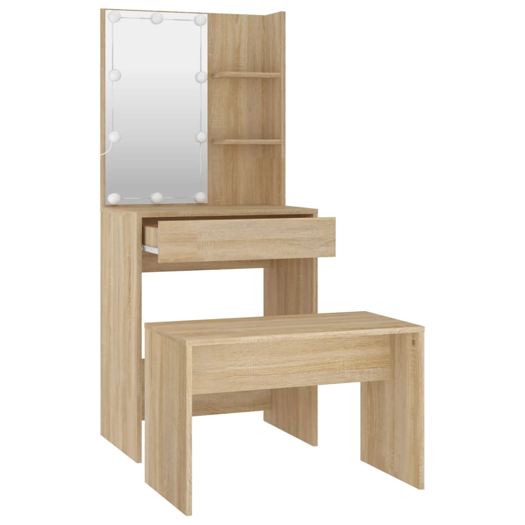 Schminktisch-Set mit LED Weiß Holzwerkstoff