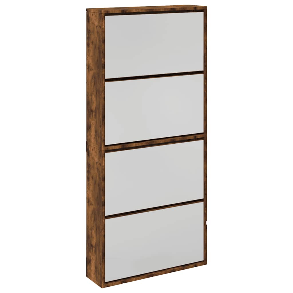 Schuhschrank mit 4 Fächern Spiegel Eiche 63×17×134 cm