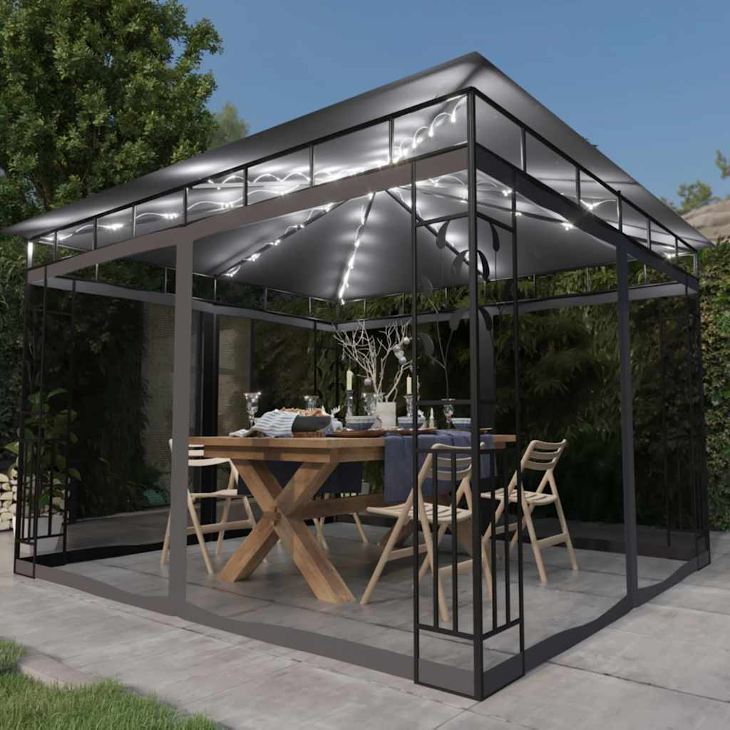 Pavillon mit Moskitonetz & LED-Lichterkette 3x3x2,73m Cremeweiß