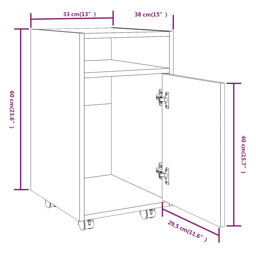 Beistellschrank mit Rollen Weiß 33x38x60 cm Holzwerkstoff