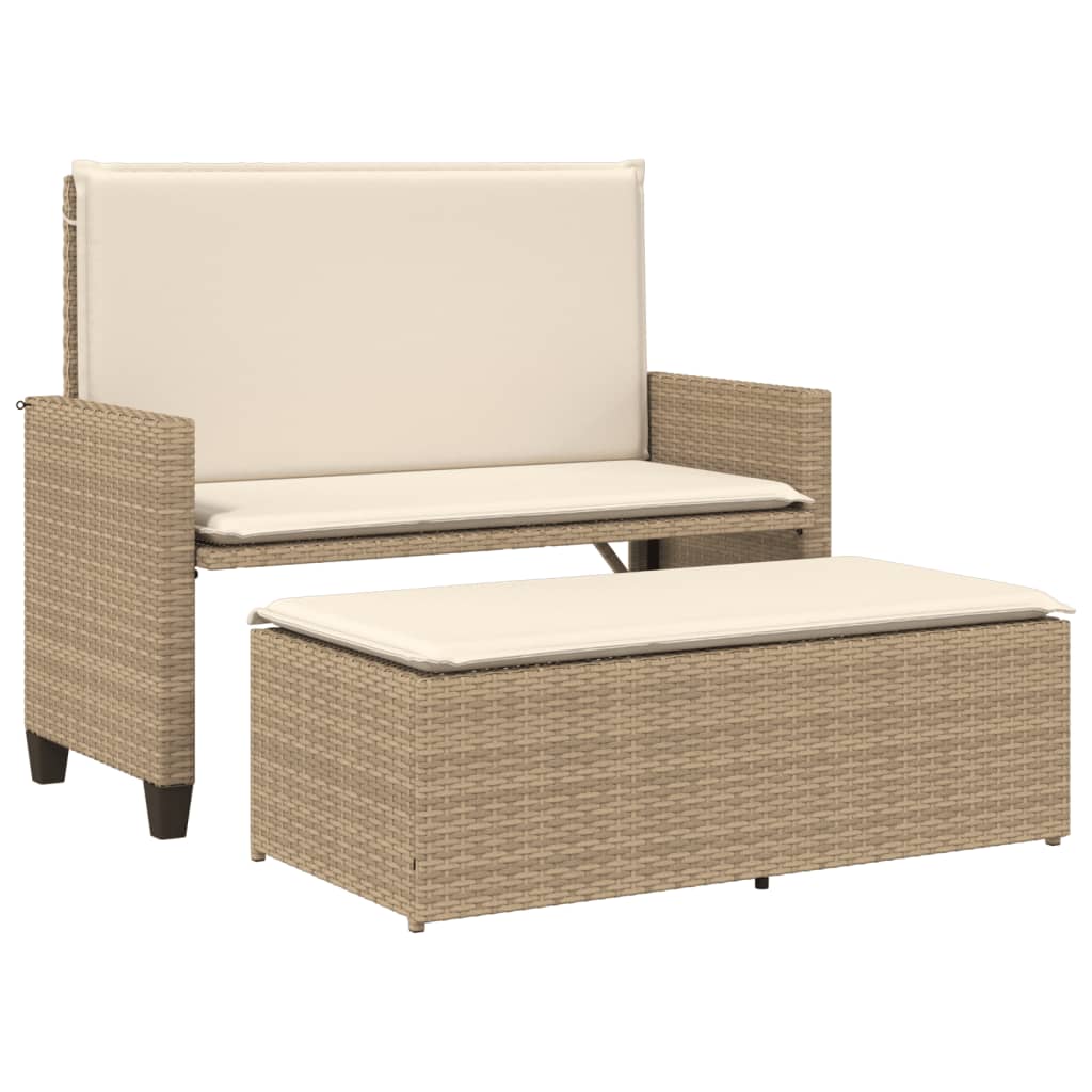 Gartenbank mit Kissen und Hocker Schwarz Poly Rattan