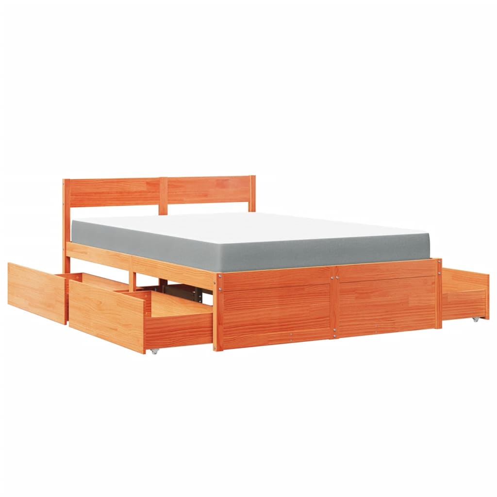 Bett mit Schubladen und Matratze 200x200 cm Massivholz Kiefer