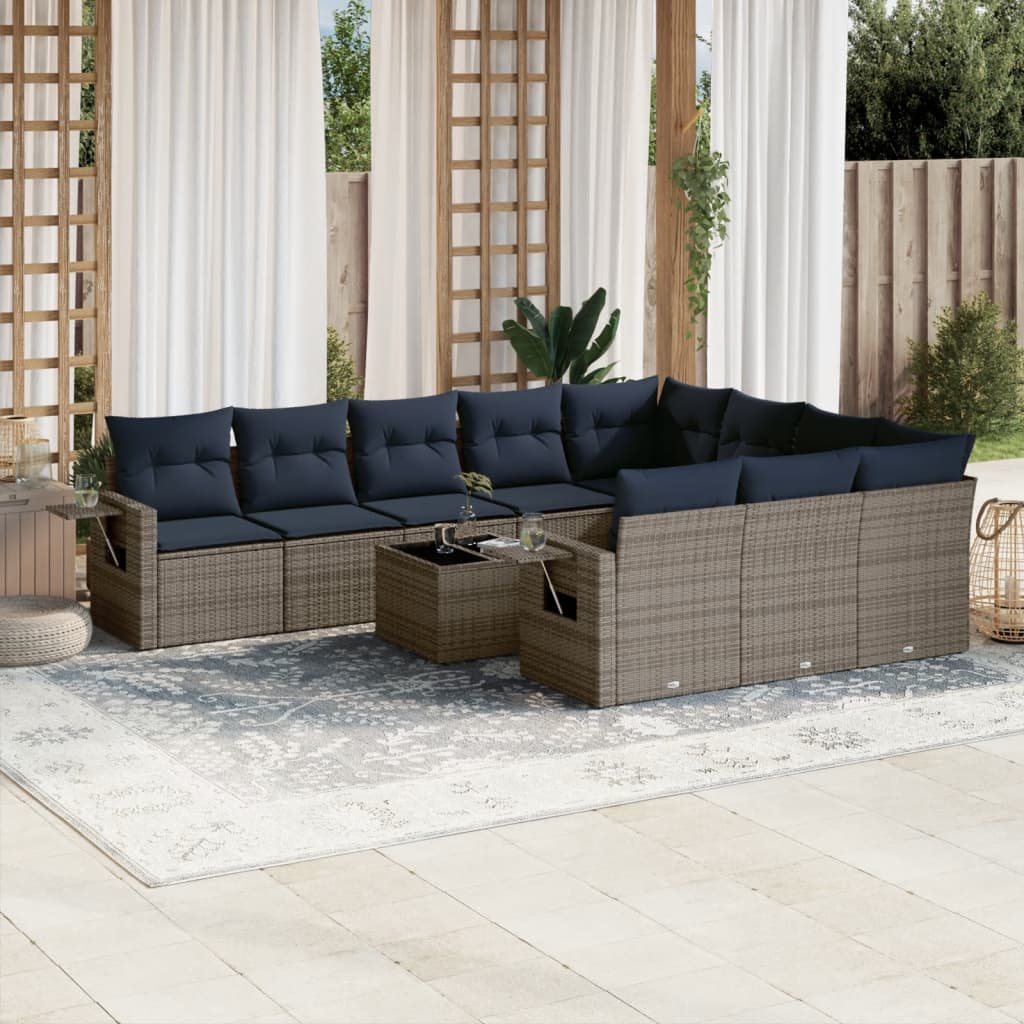 10-teiliges Gartensofa-Set mit Kissen, schwarzes Polyrattan