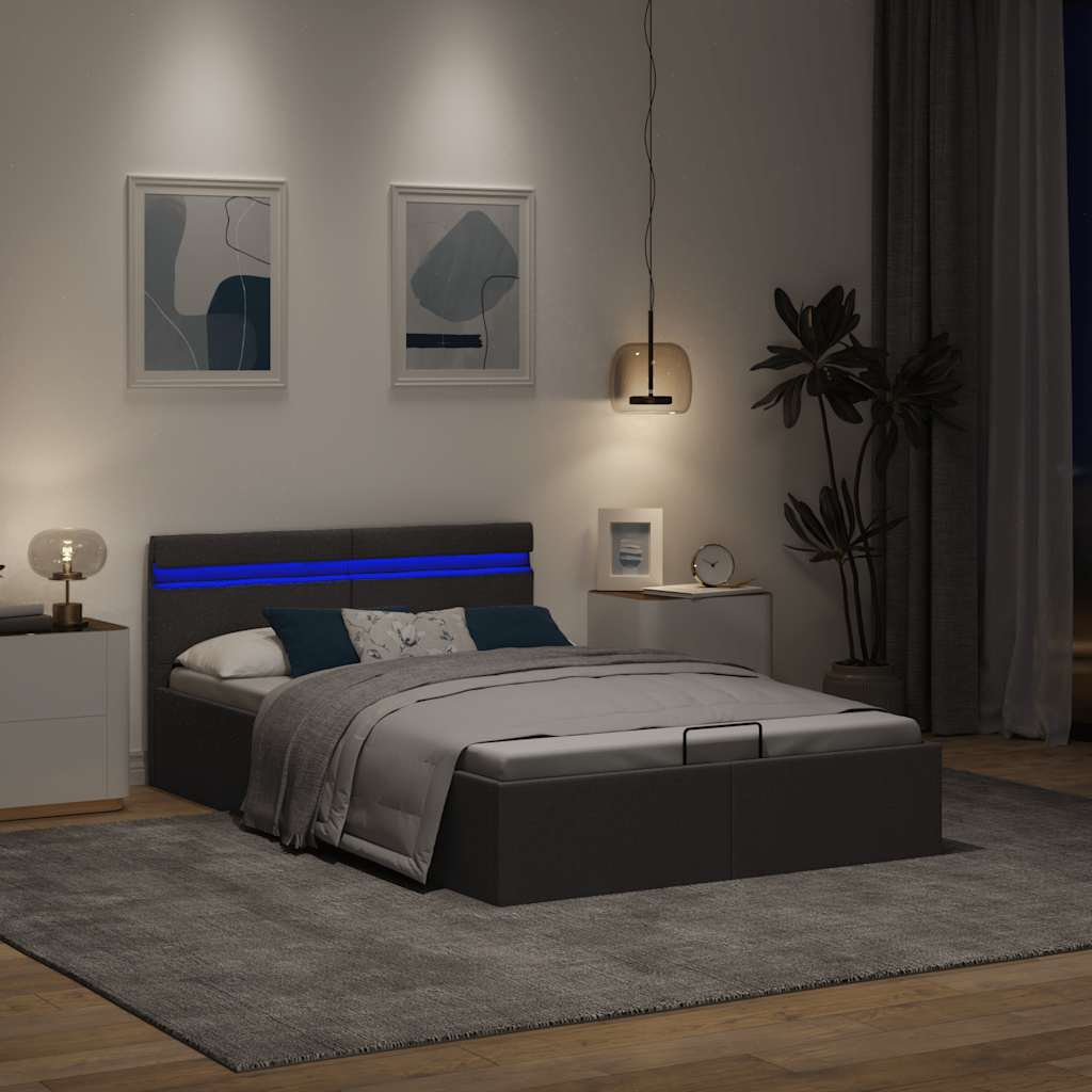 Bett mit Bettkasten Hydraulisch LED Dunkelgrau Stoff 90x200 cm