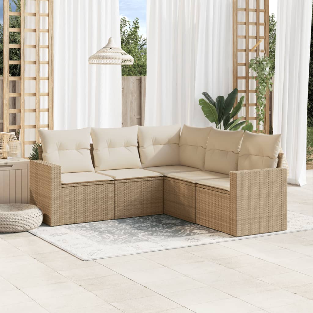 5-tlg. Garten-Sofagarnitur mit Kissen Schwarz Poly Rattan