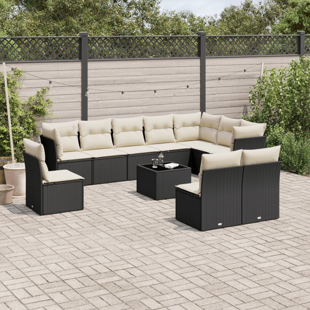 10-tlg. Garten-Sofagarnitur mit Kissen Schwarz Poly Rattan