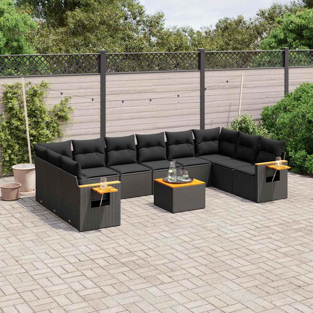 10-tlg. Garten-Sofagarnitur mit Kissen Schwarz Poly Rattan
