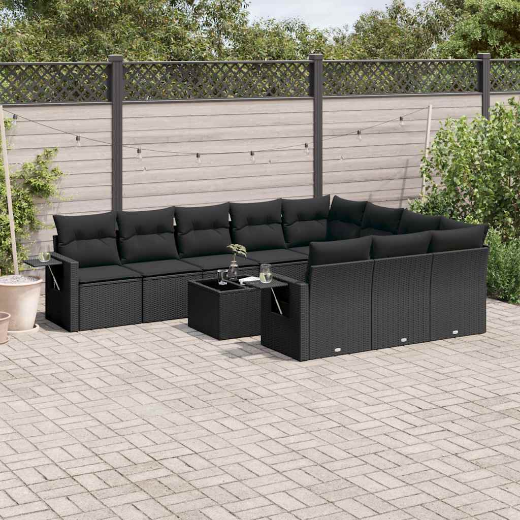 10-tlg. Garten-Sofagarnitur mit Kissen Schwarz Poly Rattan