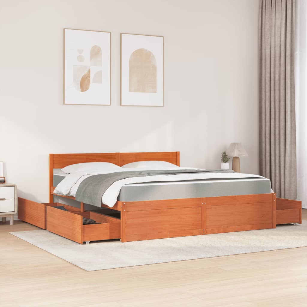Bett mit Schubladen und Matratze 200x200 cm Massivholz Kiefer