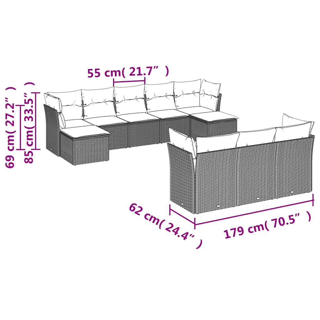 10-tlg. Garten-Sofagarnitur mit Kissen Schwarz Poly Rattan
