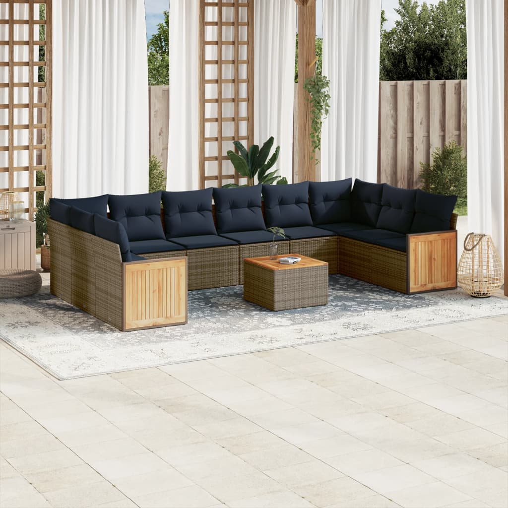 10-teiliges Gartensofa-Set mit Kissen, schwarzes Polyrattan