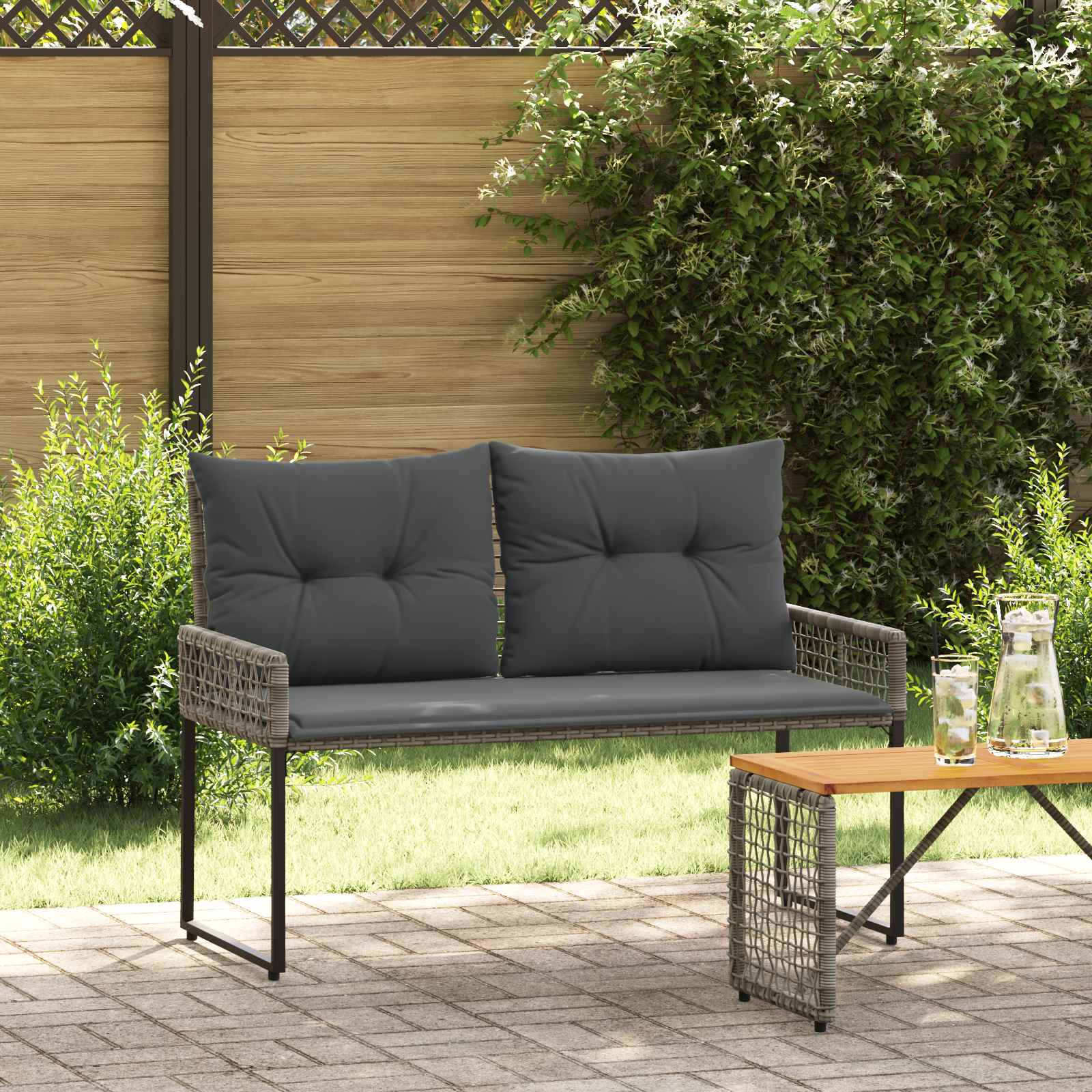 Bank Outdoor mit Kissen Schwarz und Cremeweiß 118 x 55 x 82 cm