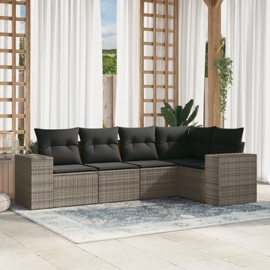 5-tlg. Garten-Sofagarnitur mit Kissen Schwarz Poly Rattan