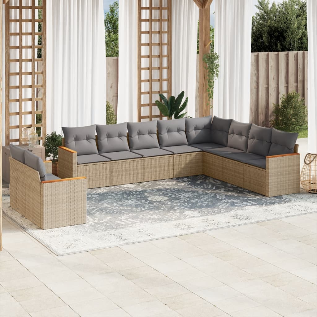 10-tlg. Garten-Sofagarnitur mit Kissen Schwarz Poly Rattan