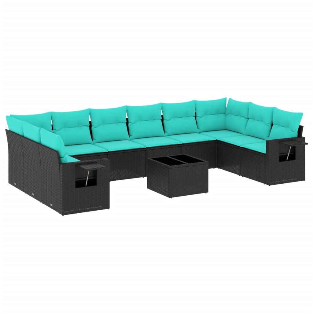 10-teiliges Gartensofa-Set mit Kissen, schwarzes Polyrattan